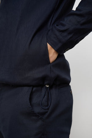 Linen Blend Zip Through Jacket in Navy - TAILORED ATHLETE - ROW