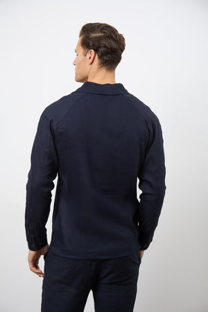 Linen Blend Zip Through Jacket in Navy - TAILORED ATHLETE - ROW