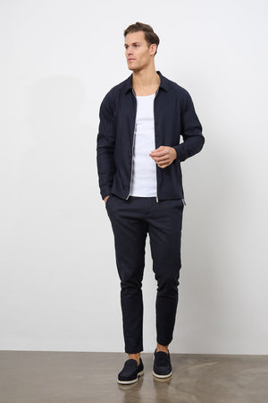 Linen Blend Zip Through Jacket in Navy - TAILORED ATHLETE - ROW