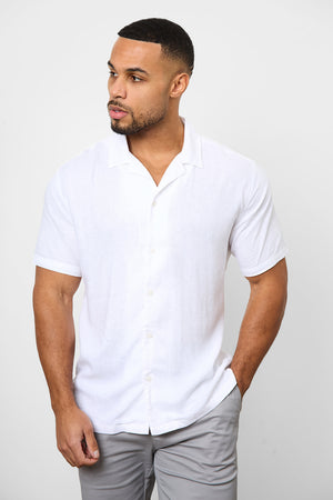 Linen Blend Cuban Collar Shirt in White - TAILORED ATHLETE - ROW