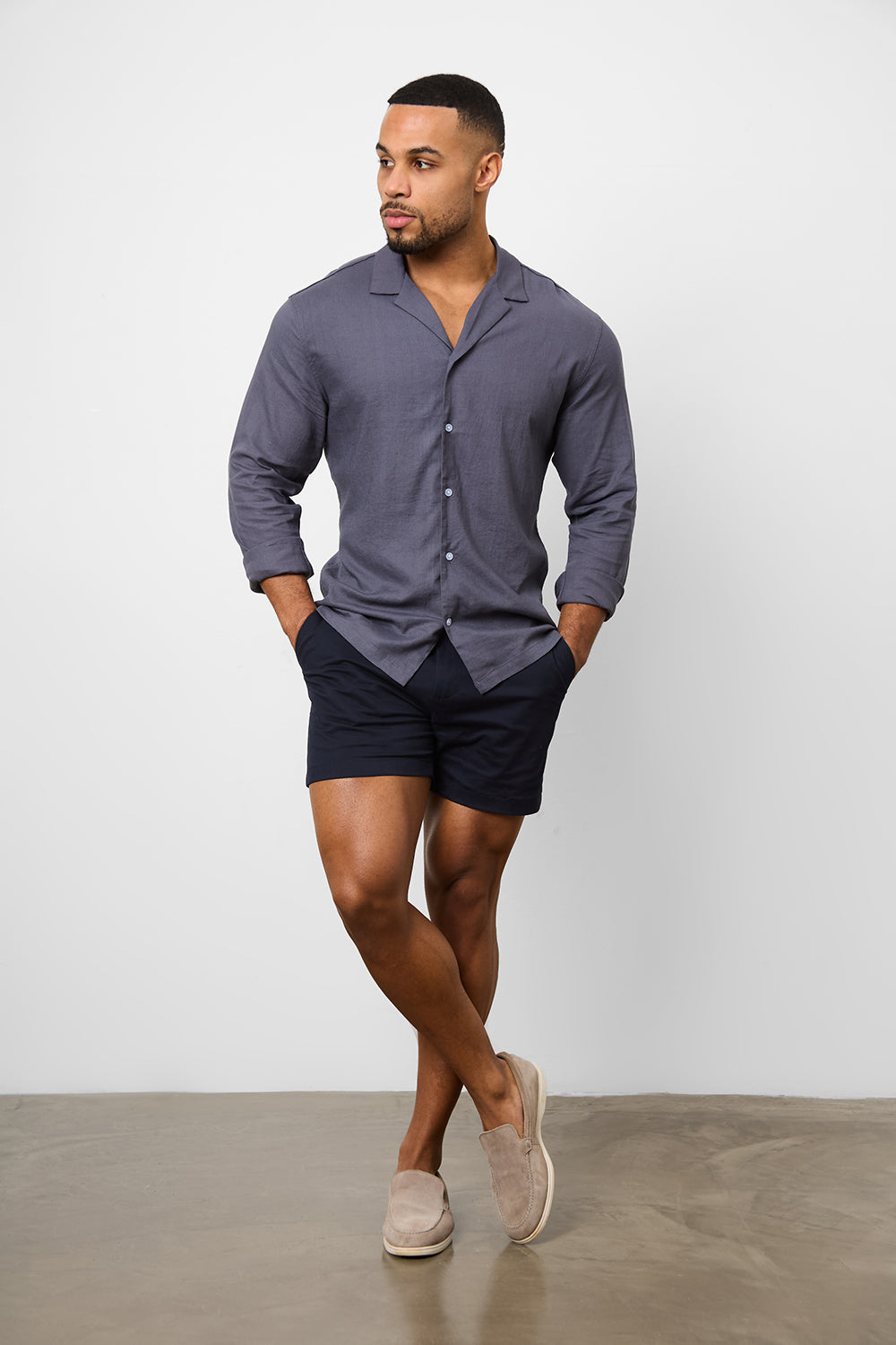 Linen Blend Cuban Collar Shirt in Denim - TAILORED ATHLETE - ROW