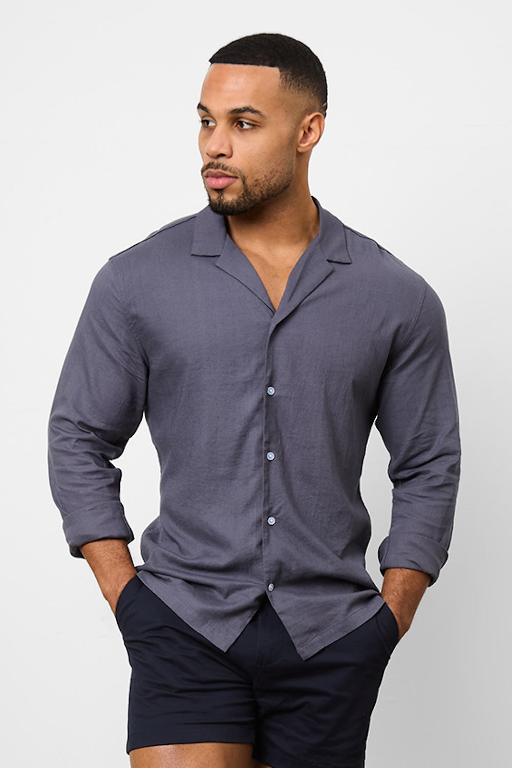 Linen Blend Cuban Collar Shirt in Denim - TAILORED ATHLETE - ROW