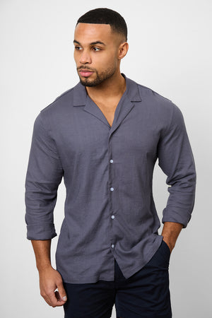 Linen Blend Cuban Collar Shirt in Denim - TAILORED ATHLETE - ROW