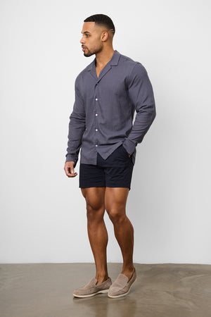 Linen Blend Cuban Collar Shirt in Denim - TAILORED ATHLETE - ROW