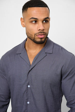 Linen Blend Cuban Collar Shirt in Denim - TAILORED ATHLETE - ROW