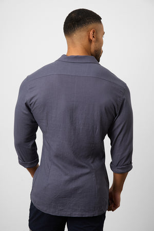 Linen Blend Cuban Collar Shirt in Denim - TAILORED ATHLETE - ROW