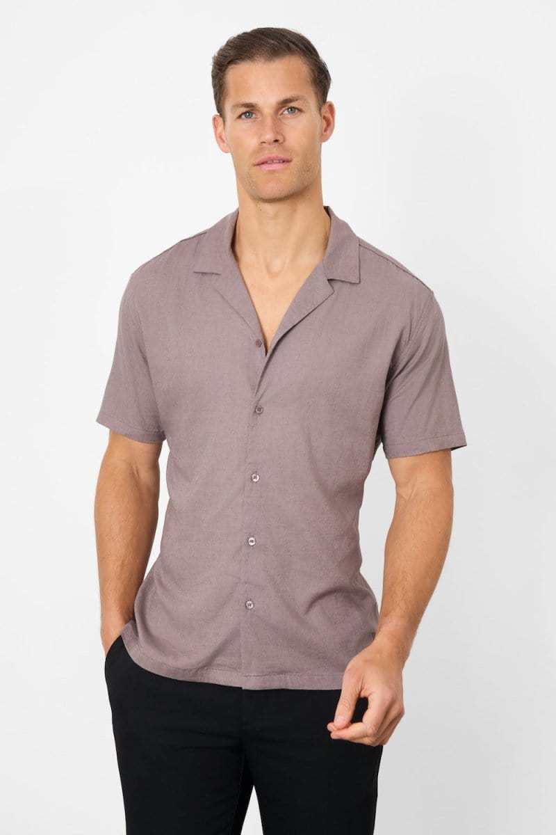Linen Blend Cuban Collar Shirt in Truffle - TAILORED ATHLETE - ROW