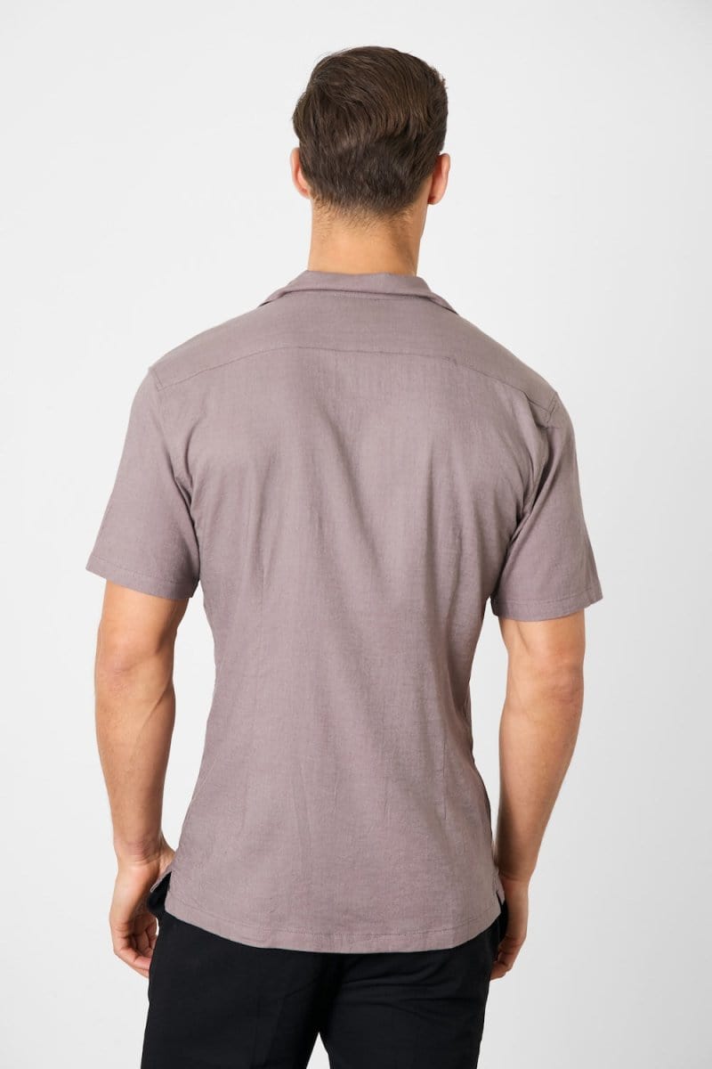 Linen Blend Cuban Collar Shirt in Truffle - TAILORED ATHLETE - ROW