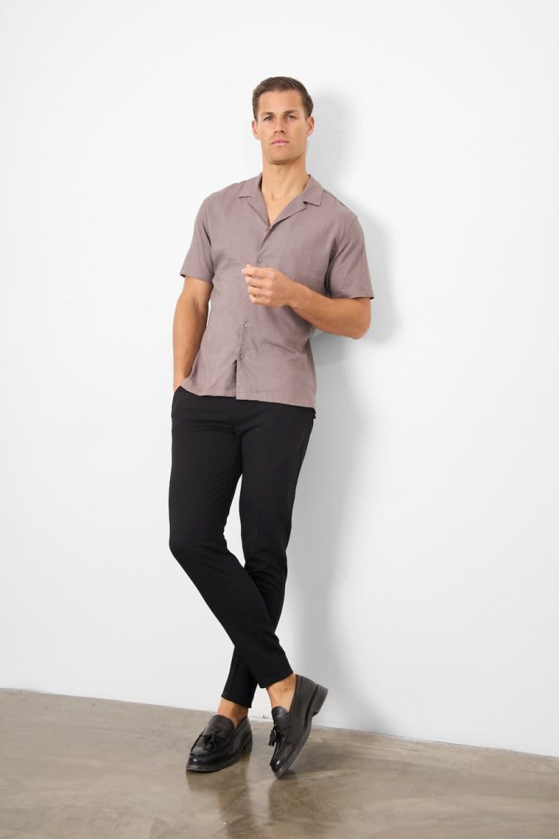 Linen Blend Cuban Collar Shirt in Truffle - TAILORED ATHLETE - ROW