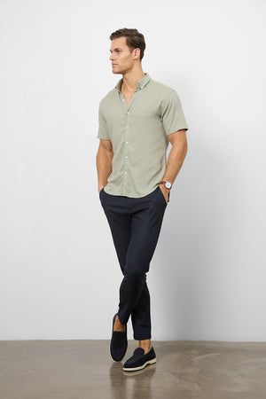 Linen Blend Button Through Shirt in Soft Sage - TAILORED ATHLETE - ROW