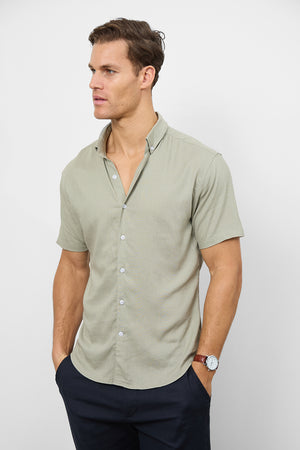 Linen Blend Button Through Shirt in Soft Sage - TAILORED ATHLETE - ROW