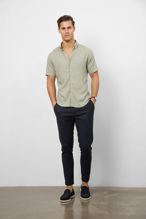 Linen Blend Button Through Shirt in Soft Sage - TAILORED ATHLETE - ROW