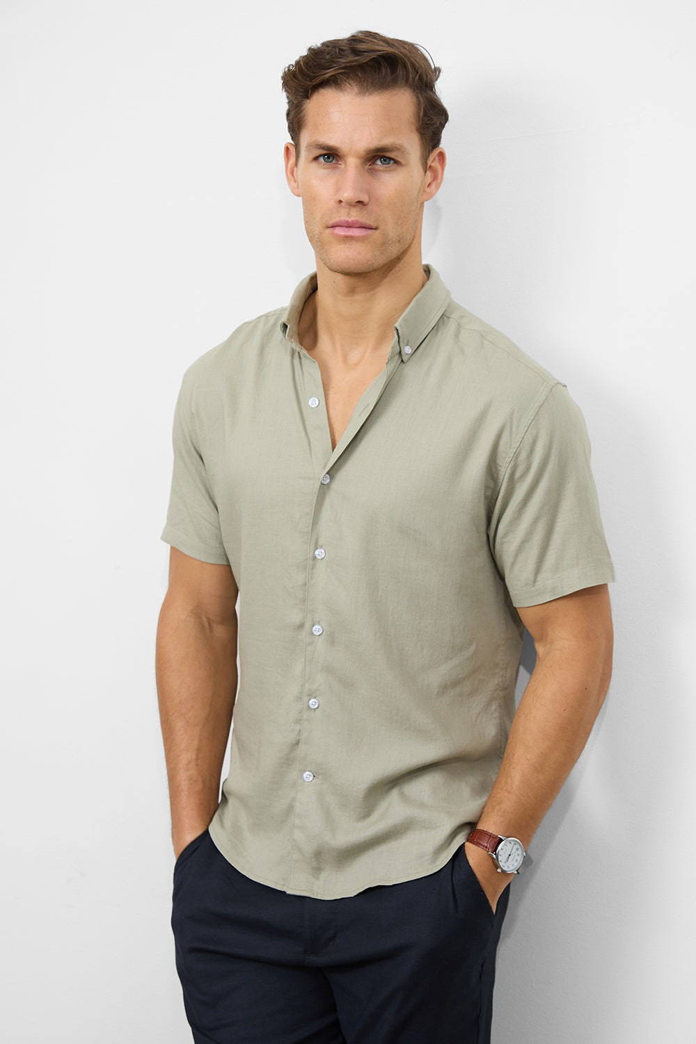 Linen Blend Button Through Shirt in Soft Sage - TAILORED ATHLETE - ROW