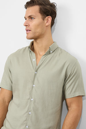 Linen Blend Button Through Shirt in Soft Sage - TAILORED ATHLETE - ROW