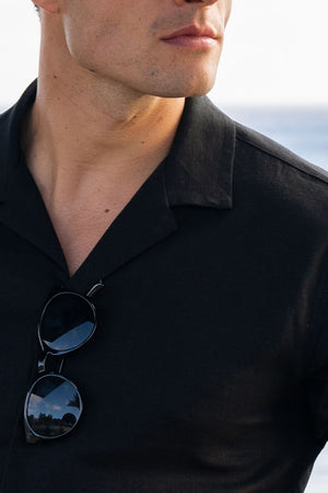 Linen Blend Cuban Collar Shirt in Black - TAILORED ATHLETE - ROW