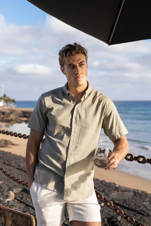 Linen Blend Button Through Shirt in Soft Sage - TAILORED ATHLETE - ROW