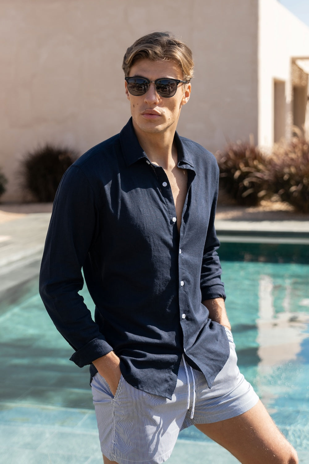 Linen Blend Button Through Shirt in Navy - TAILORED ATHLETE - ROW