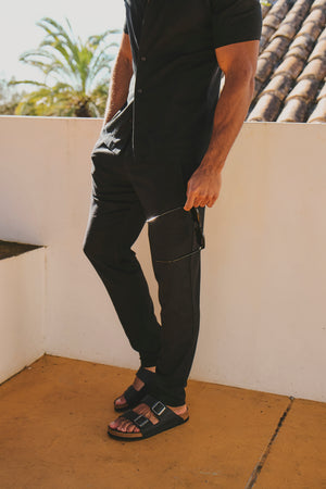 Stretch Linen Blend Single Pleated Trousers in Black