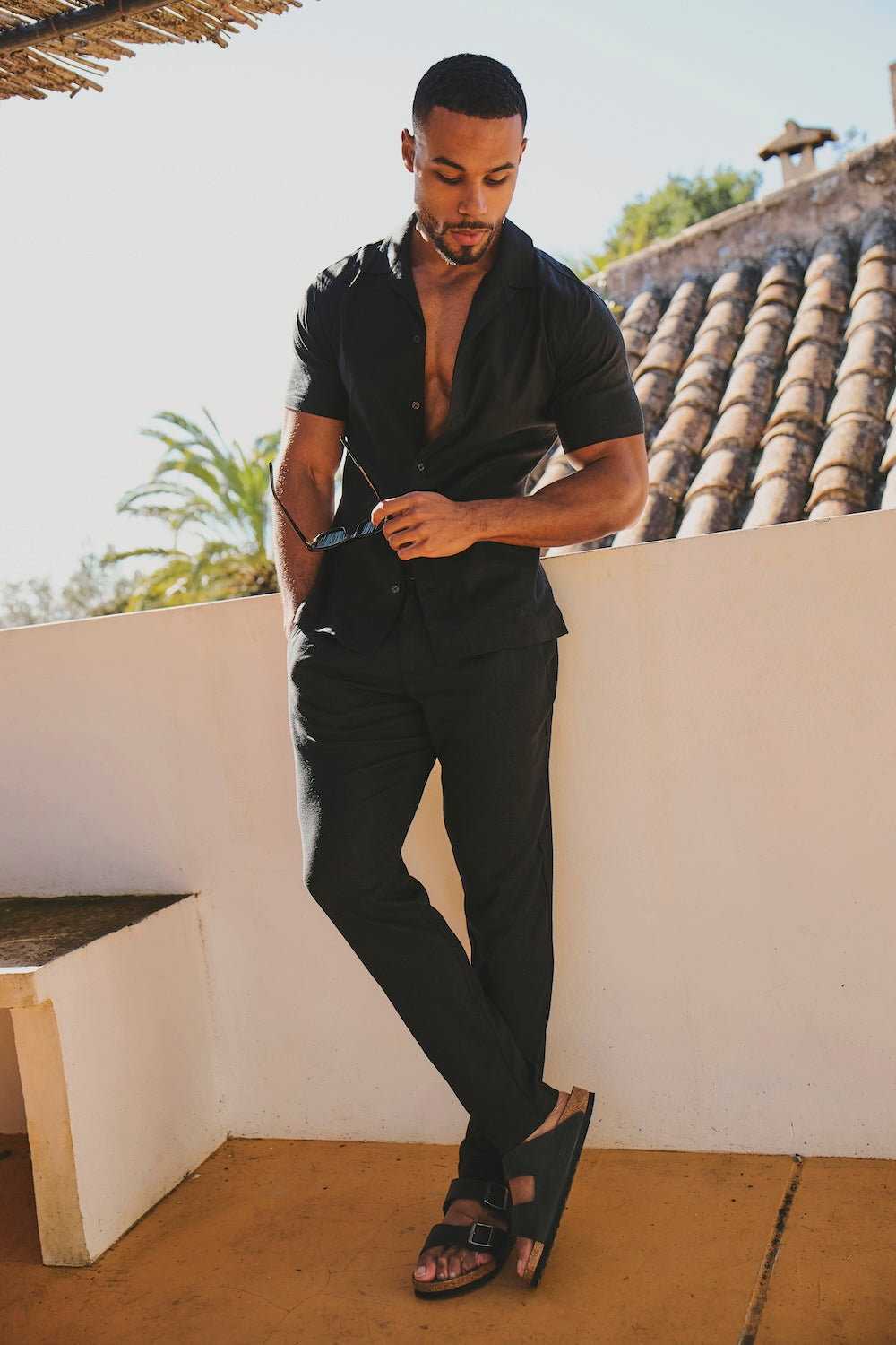 Stretch Linen Blend Single Pleated Trousers in Black