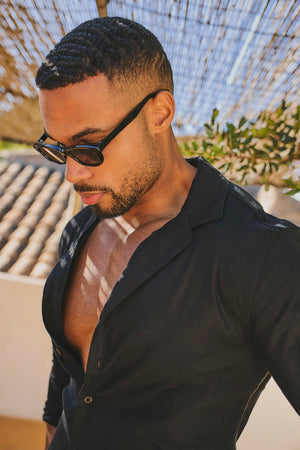 Stretch Linen Blend Cuban Collar Shirt in Black