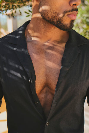 Stretch Linen Blend Cuban Collar Shirt in Black