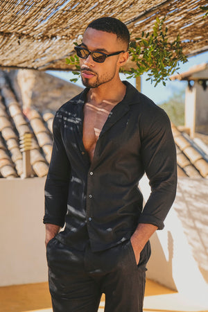 Stretch Linen Blend Cuban Collar Shirt in Black