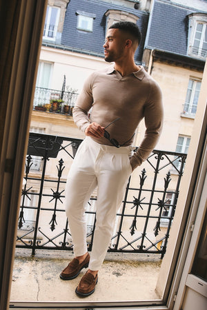 Extra Fine Merino Wool Open Collar Polo Shirt in Wheat Marl