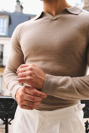Extra Fine Merino Wool Open Collar Polo Shirt in Wheat Marl
