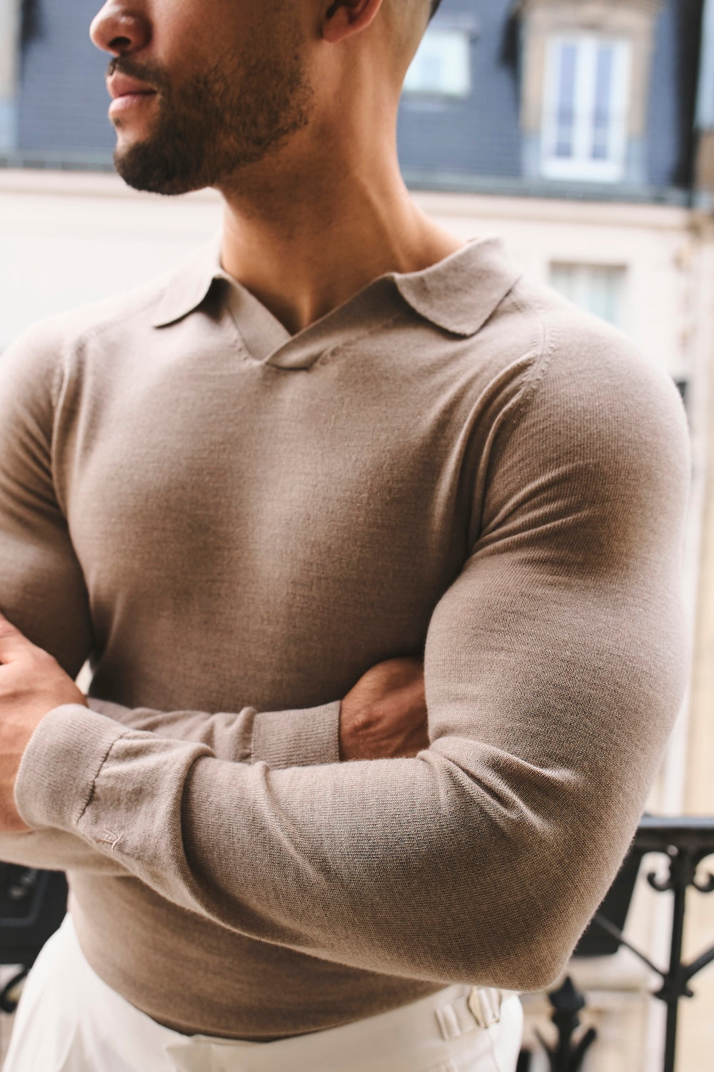 Extra Fine Merino Wool Open Collar Polo Shirt in Wheat Marl