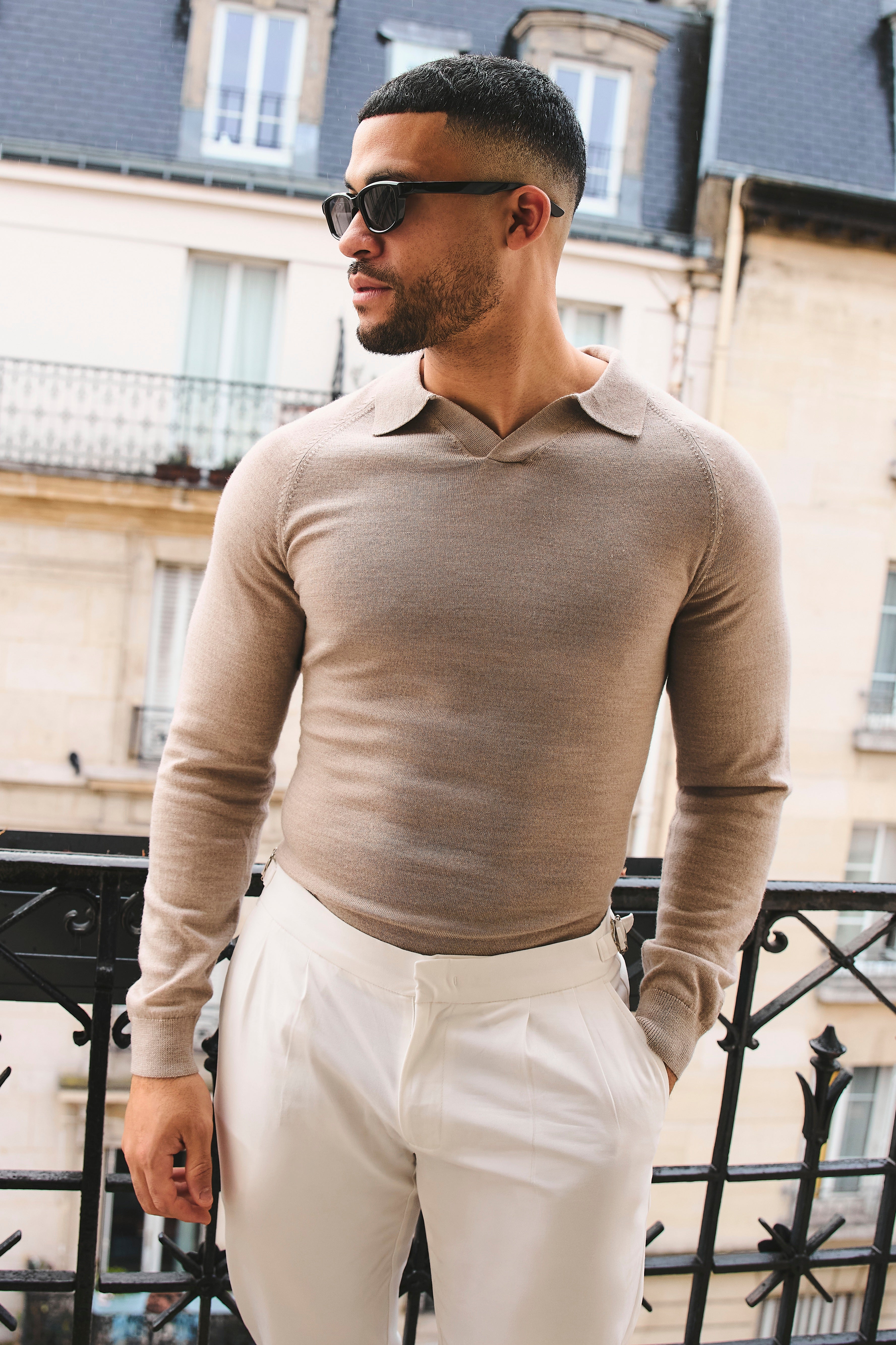 Extra Fine Merino Wool Open Collar Polo Shirt in Wheat Marl