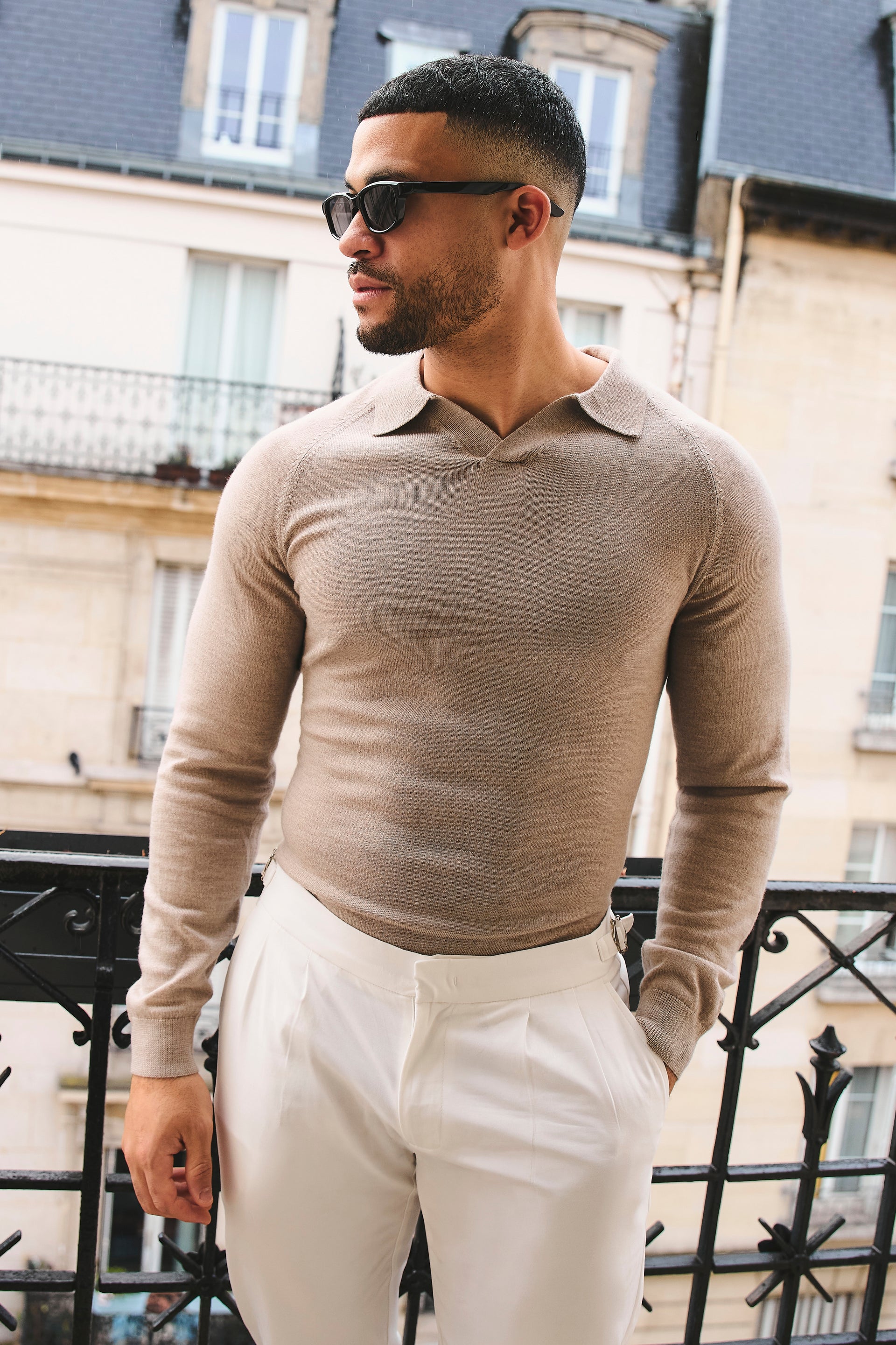 Extra Fine Merino Wool Open Collar Polo Shirt in Wheat Marl