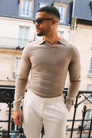 Extra Fine Merino Wool Open Collar Polo Shirt in Wheat Marl