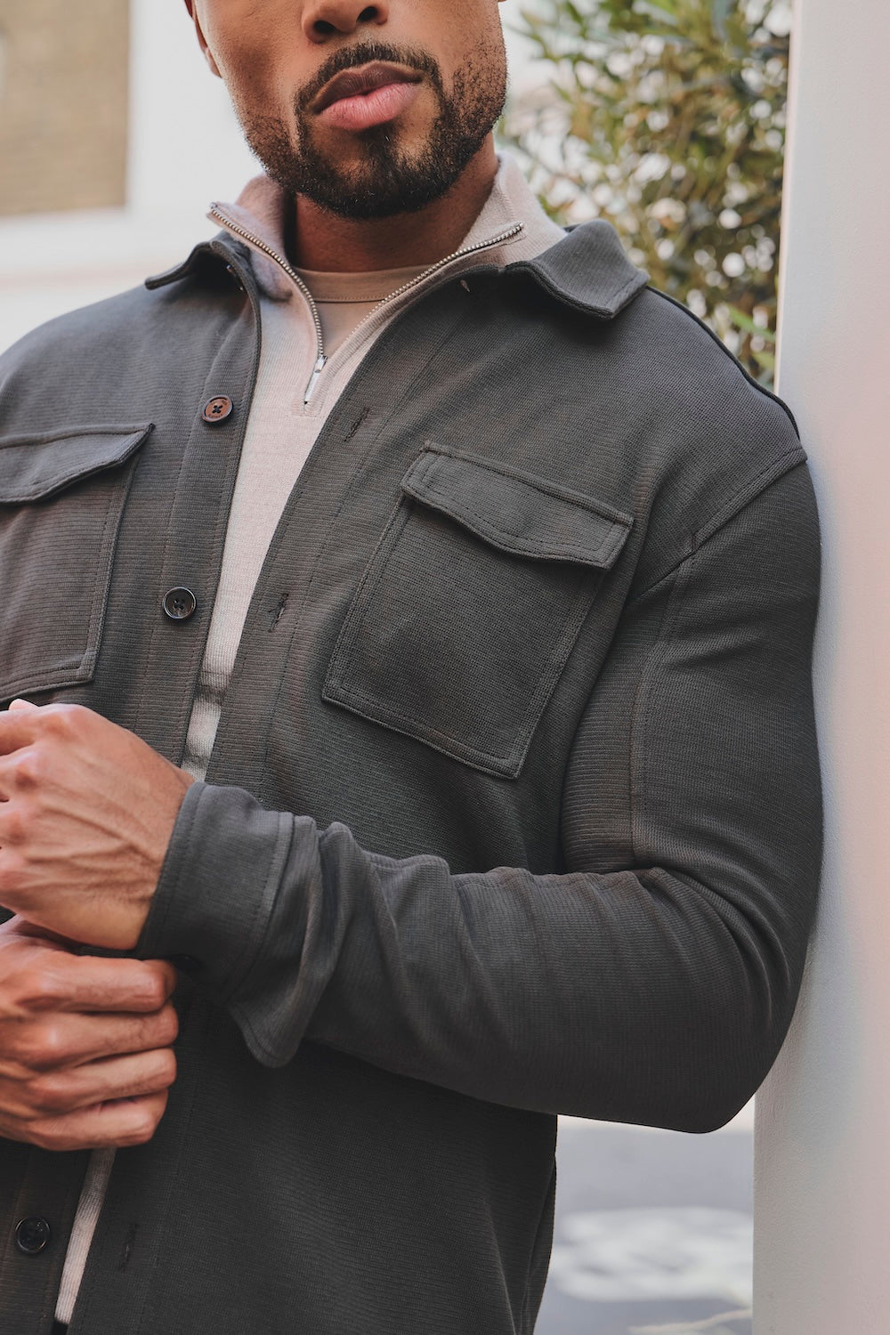 Textured Jersey Overshirt in Olive