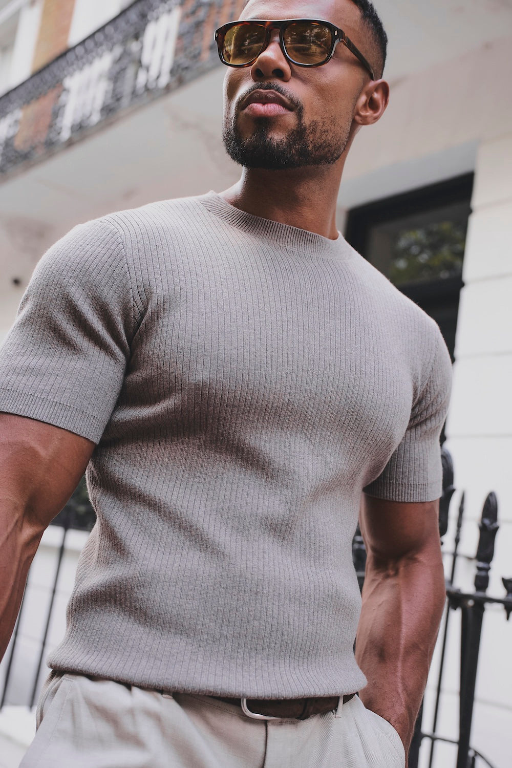 Soft Knitted Ribbed T-Shirt in Wheat