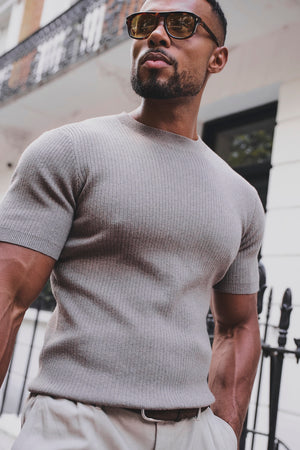 Soft Knitted Ribbed T-Shirt in Wheat
