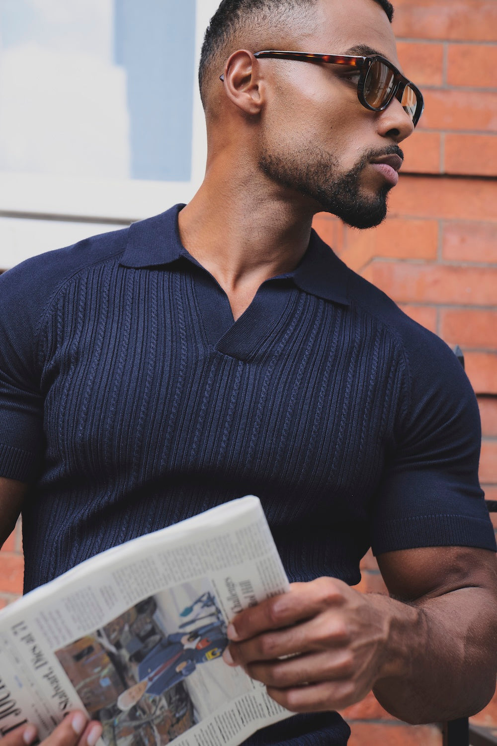 Fine Cable Knitted Open Collar Polo Shirt in Navy