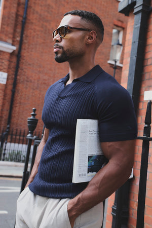 Fine Cable Knitted Open Collar Polo Shirt in Navy
