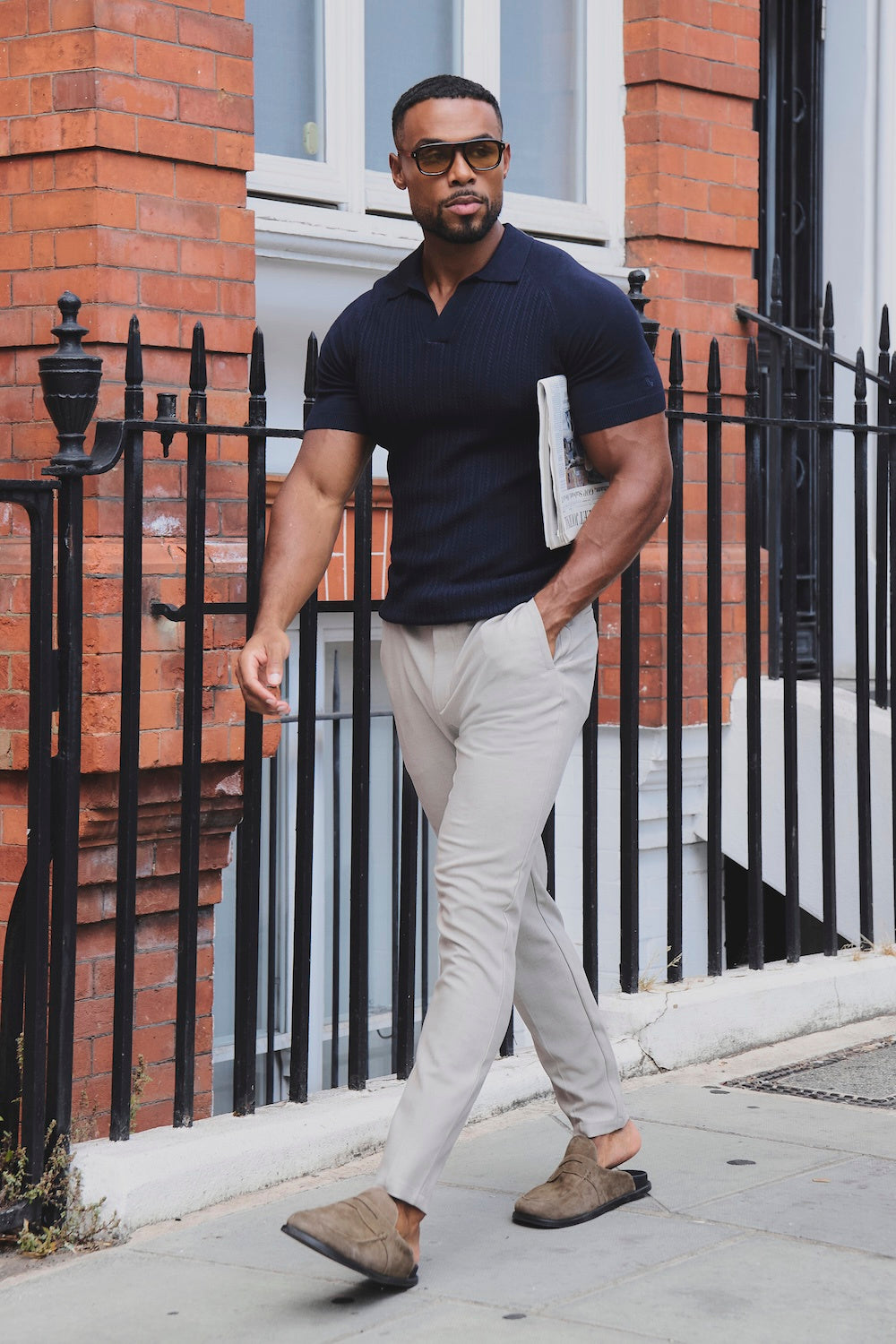 Fine Cable Knitted Open Collar Polo Shirt in Navy
