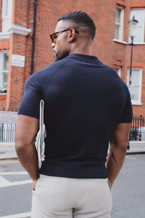 Fine Cable Knitted Open Collar Polo Shirt in Navy