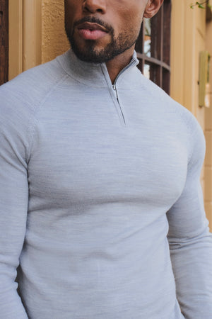 Extra Fine Merino Wool Half Zip Neck Jumper in Silver Grey Marl
