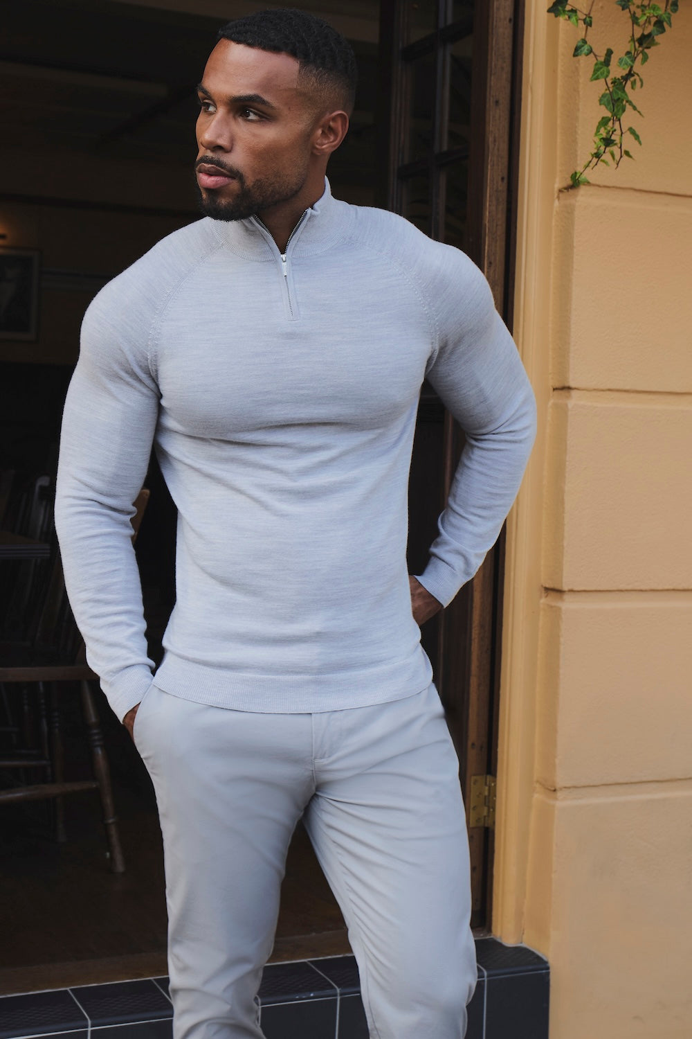Extra Fine Merino Wool Half Zip Neck Jumper in Silver Grey Marl