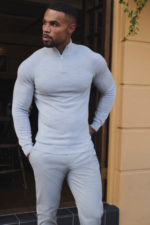 Extra Fine Merino Wool Half Zip Neck Jumper in Silver Grey Marl
