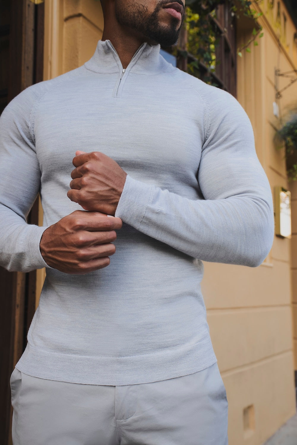 Extra Fine Merino Wool Half Zip Neck Jumper in Silver Grey Marl