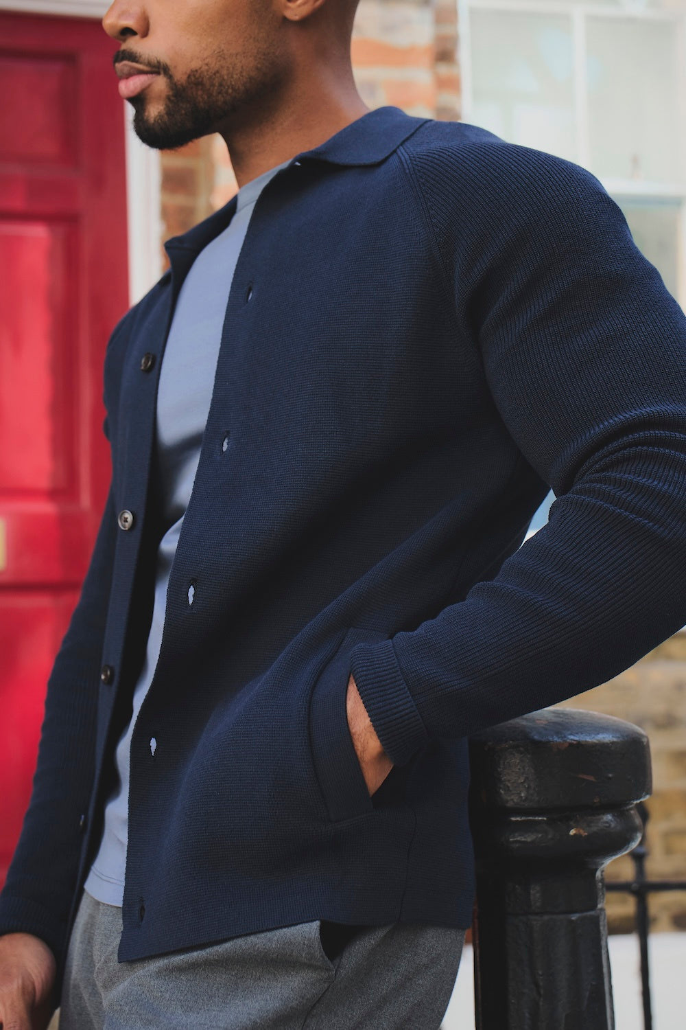 Pure Cotton Knitted Button Through in Navy