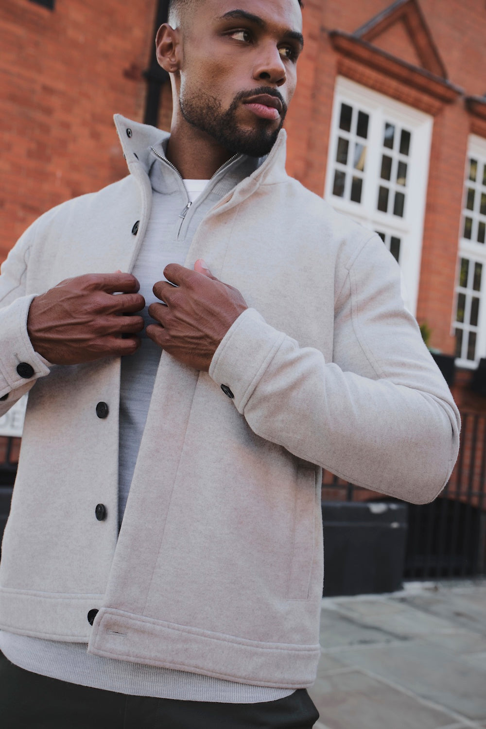 Funnel Neck Short Jacket in Stone