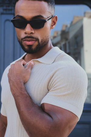 Textured Knitted Open Collar Polo Shirt in Alabaster