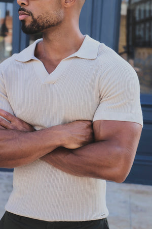 Textured Knitted Open Collar Polo Shirt in Alabaster