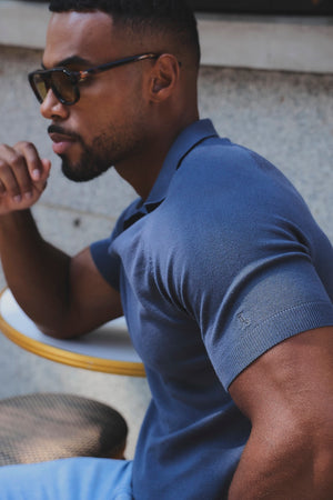Open Collar Knitted Polo Shirt in Slate Blue