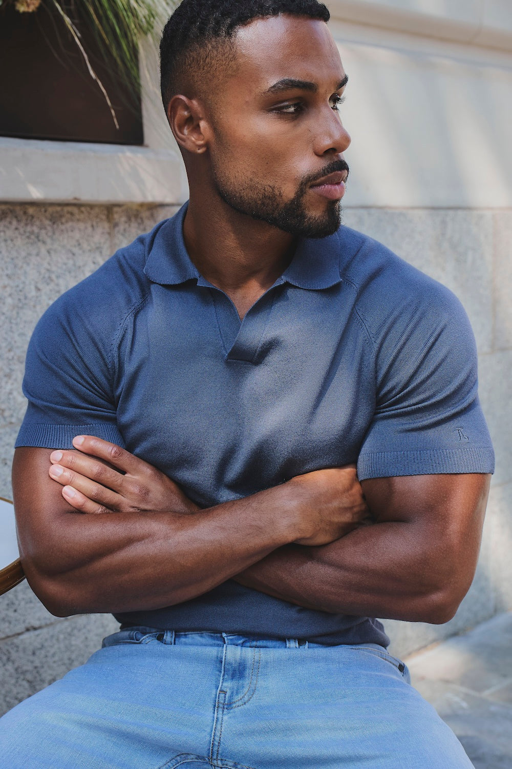 Open Collar Knitted Polo Shirt in Slate Blue