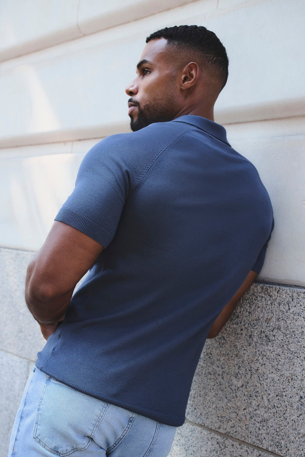 Open Collar Knitted Polo Shirt in Slate Blue